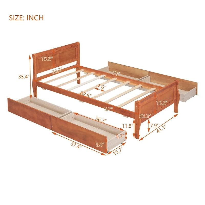 Klassisches Plattformbett aus Holz mit vier Schubladen und Kopfteil mit Paneelen