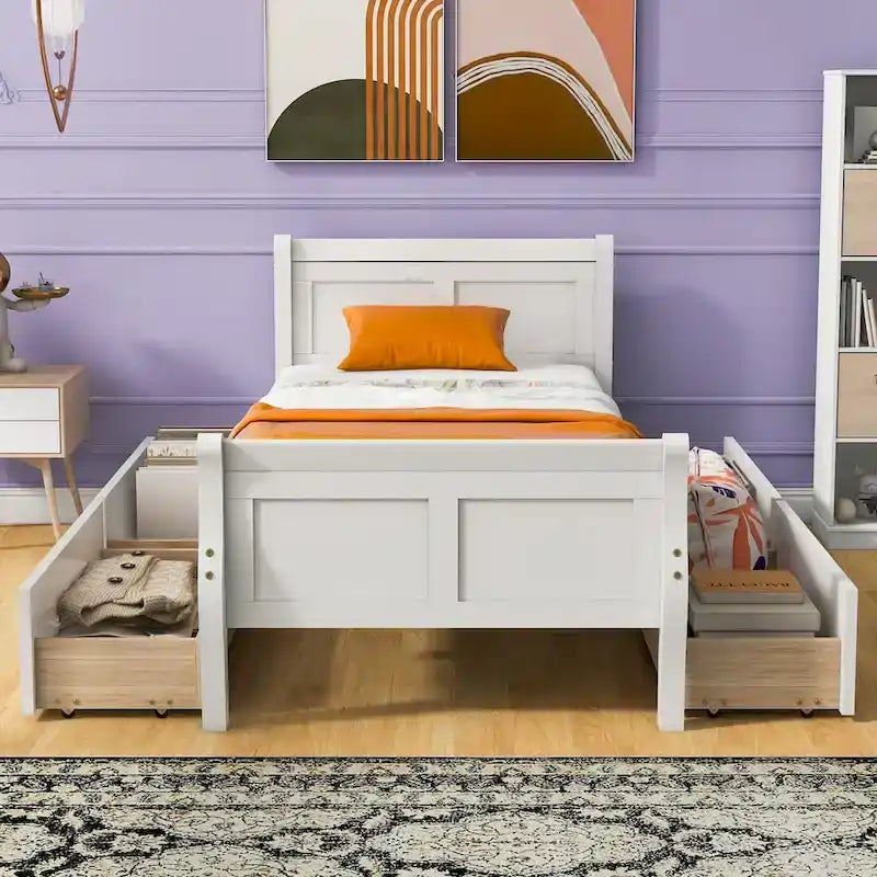 Klassisches Plattformbett aus Holz mit vier Schubladen und Kopfteil mit Paneelen