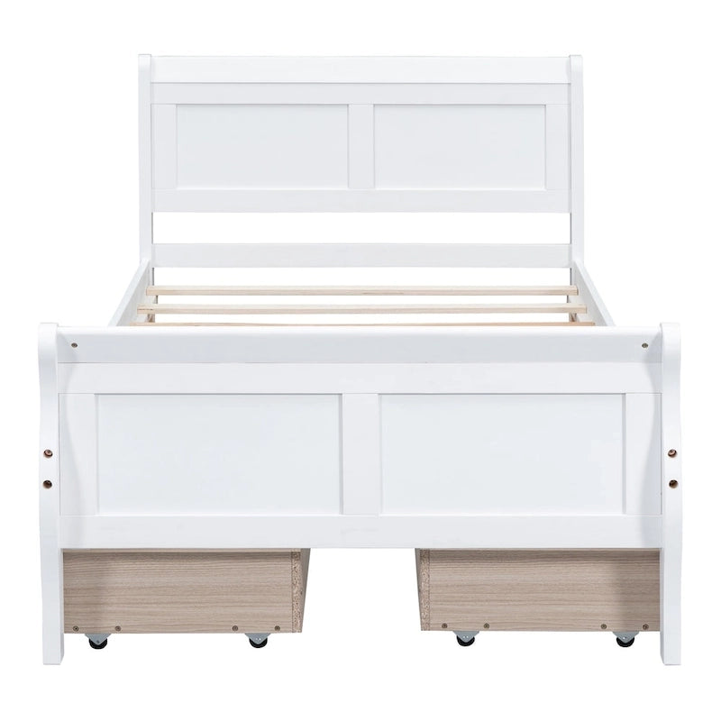 Klassisches Plattformbett aus Holz mit vier Schubladen und Kopfteil mit Paneelen