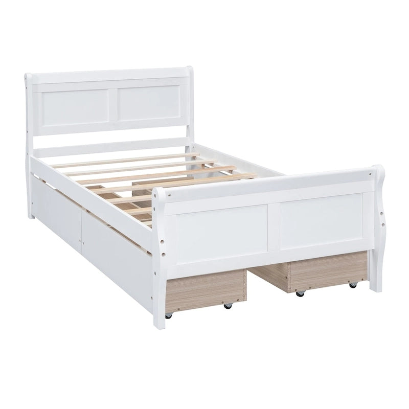 Klassisches Plattformbett aus Holz mit vier Schubladen und Kopfteil mit Paneelen