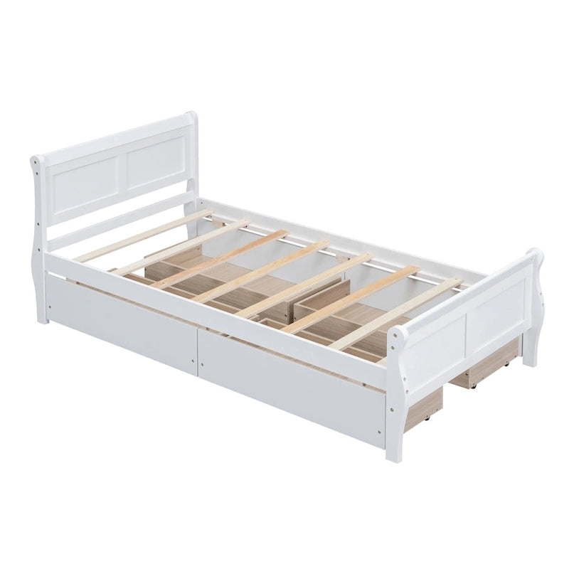 Klassisches Plattformbett aus Holz mit vier Schubladen und Kopfteil mit Paneelen