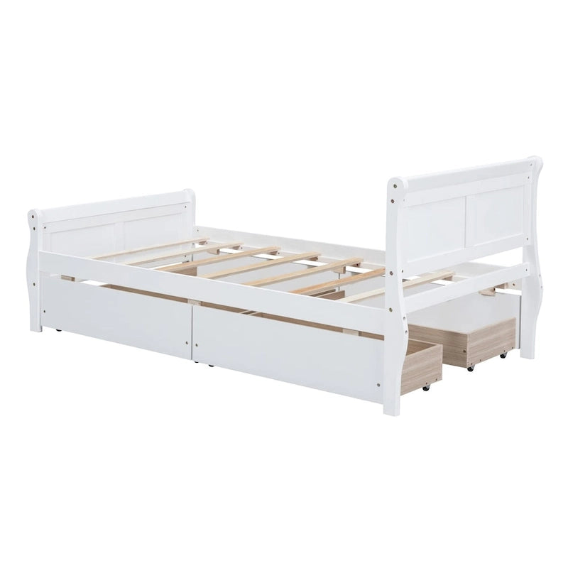 Klassisches Plattformbett aus Holz mit vier Schubladen und Kopfteil mit Paneelen
