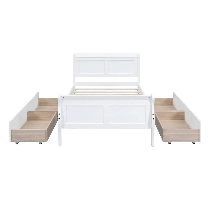 Klassisches Plattformbett aus Holz mit vier Schubladen und Kopfteil mit Paneelen