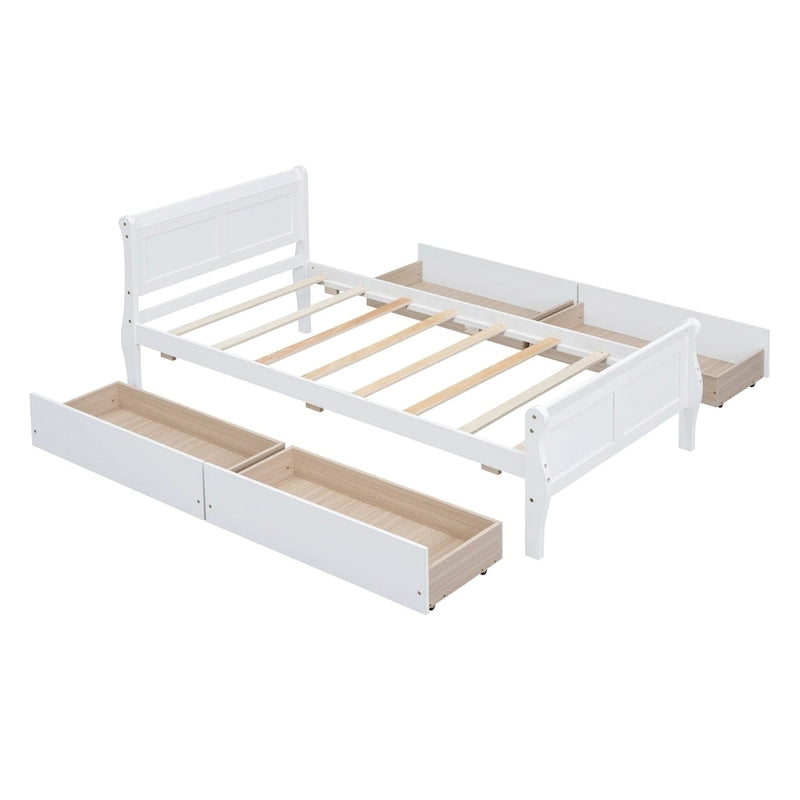 Klassisches Plattformbett aus Holz mit vier Schubladen und Kopfteil mit Paneelen