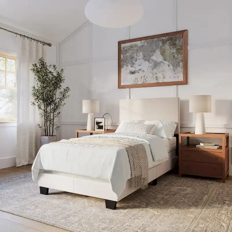 Estructura de cama tapizada de tela moderna con diseño de cabecero rectangular acolchado