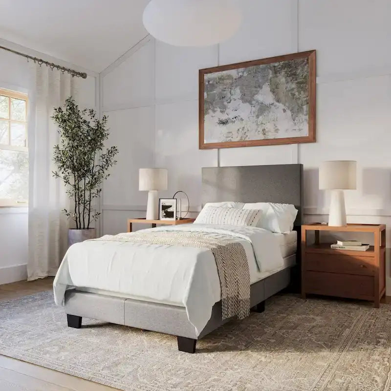 Estructura de cama tapizada de tela moderna con diseño de cabecero rectangular acolchado