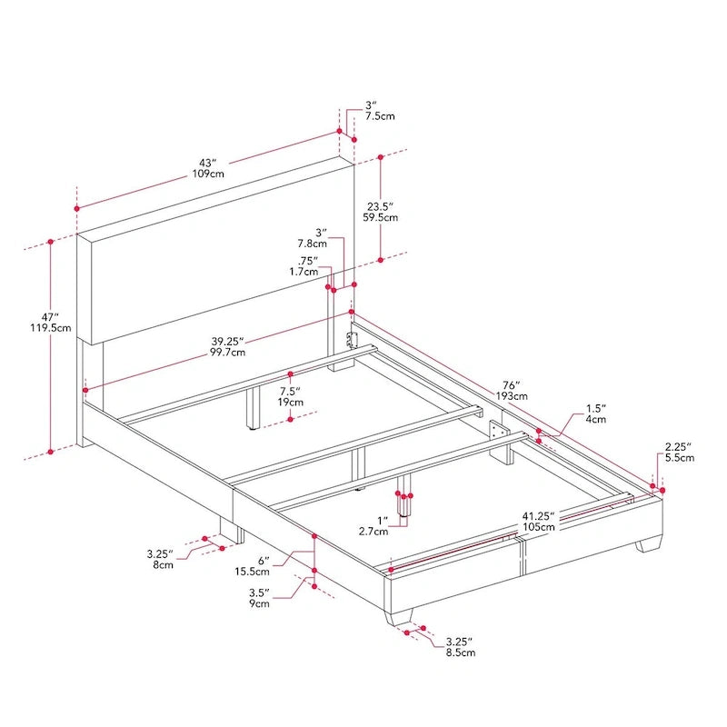 Estructura de cama tapizada de tela moderna con diseño de cabecero rectangular acolchado