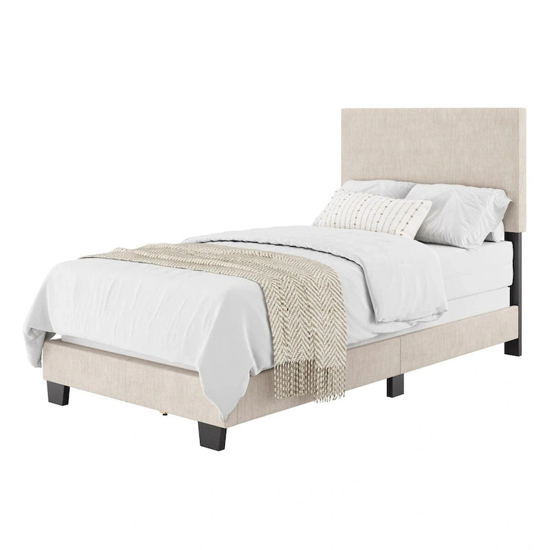 Estructura de cama tapizada de tela moderna con diseño de cabecero rectangular acolchado