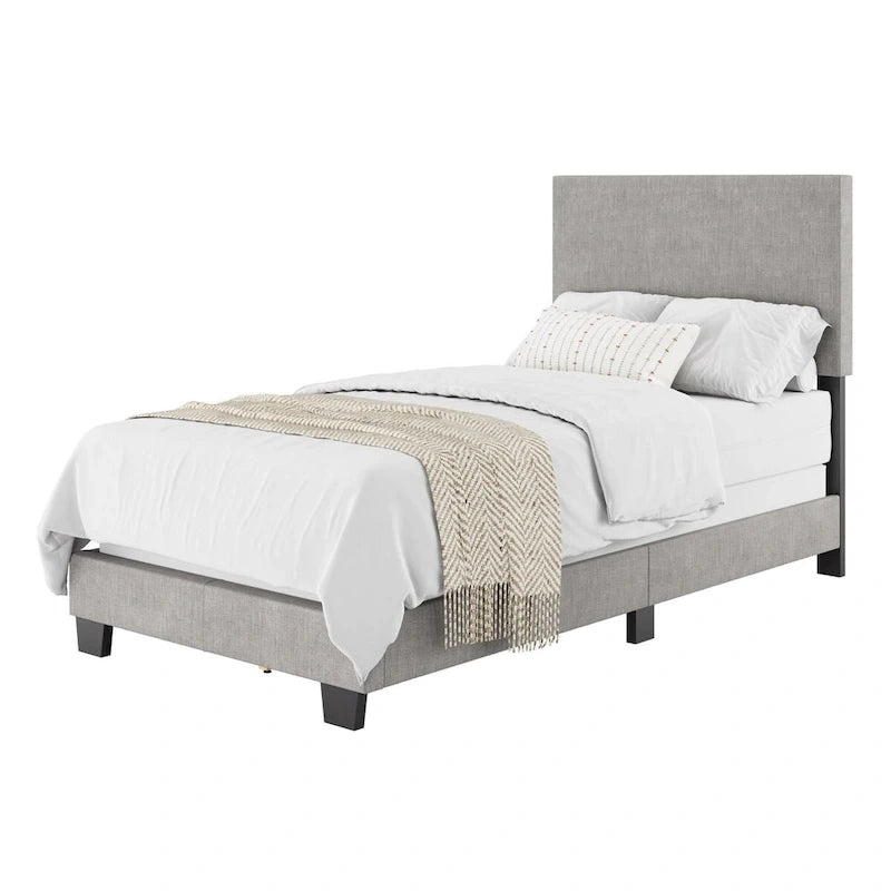 Estructura de cama tapizada de tela moderna con diseño de cabecero rectangular acolchado
