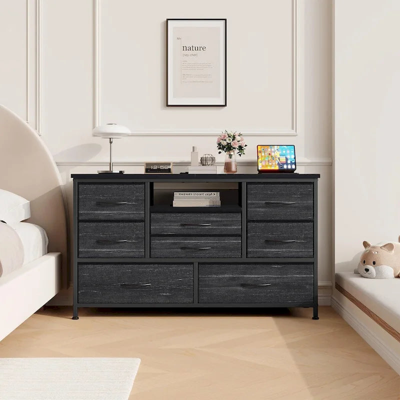 Cómoda de ocho cajones y mueble para TV con iluminación LED y tomas de corriente