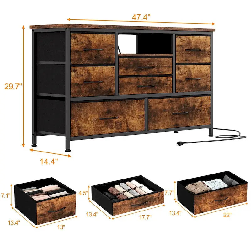 Cómoda de ocho cajones y mueble para TV con iluminación LED y tomas de corriente