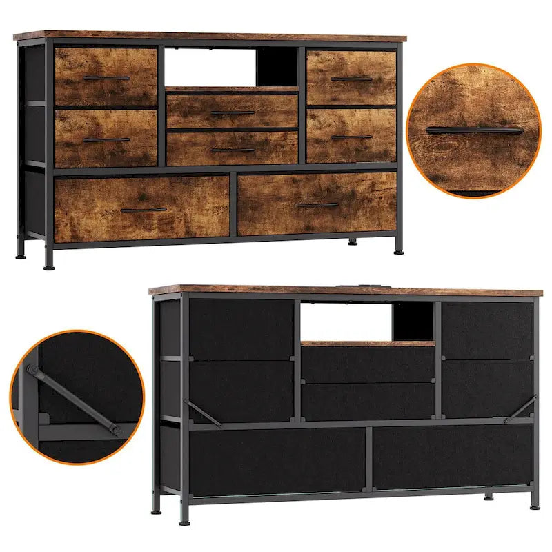 Cómoda de ocho cajones y mueble para TV con iluminación LED y tomas de corriente