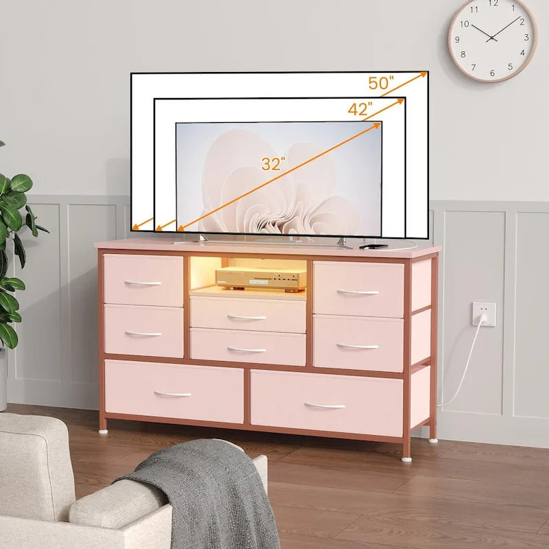 Kommode mit acht Schubladen und TV-Ständer mit LED-Beleuchtung und Steckdosen