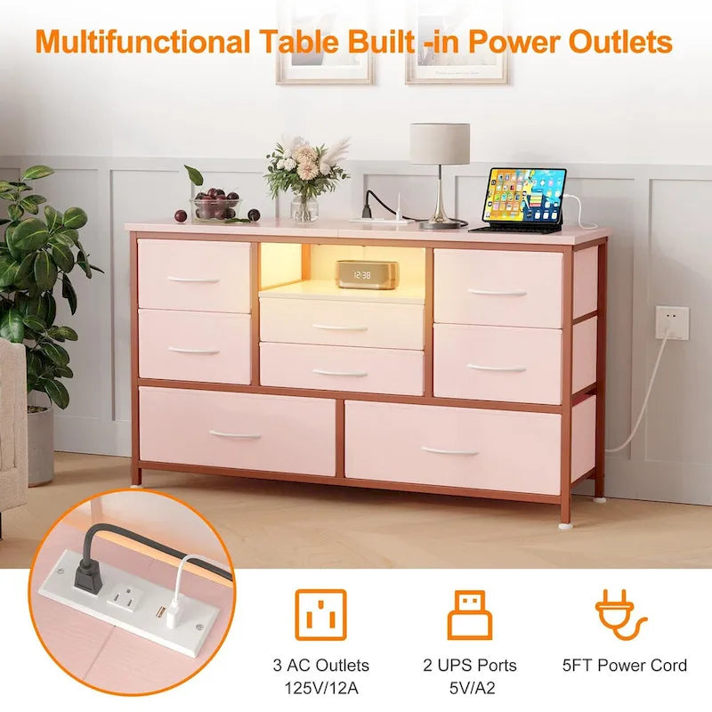 Kommode mit acht Schubladen und TV-Ständer mit LED-Beleuchtung und Steckdosen