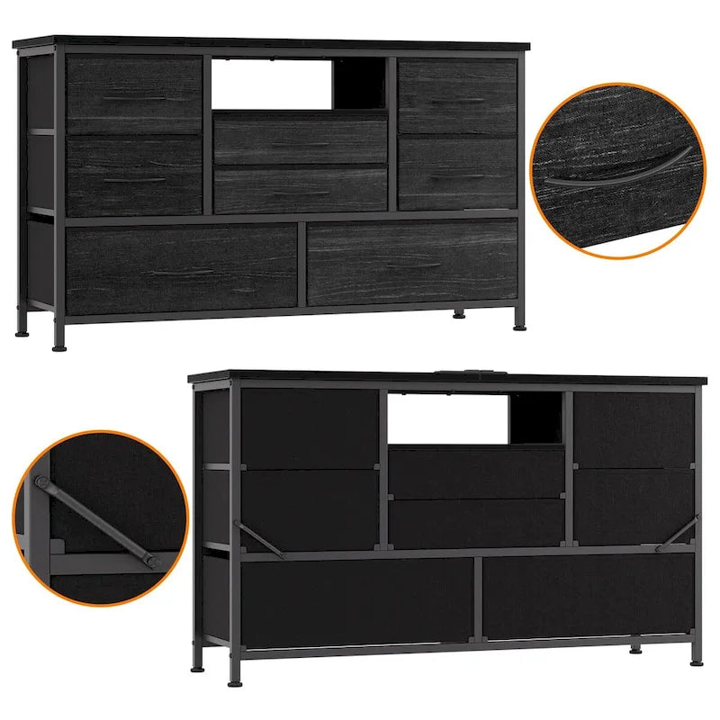 Kommode mit acht Schubladen und TV-Ständer mit LED-Beleuchtung und Steckdosen