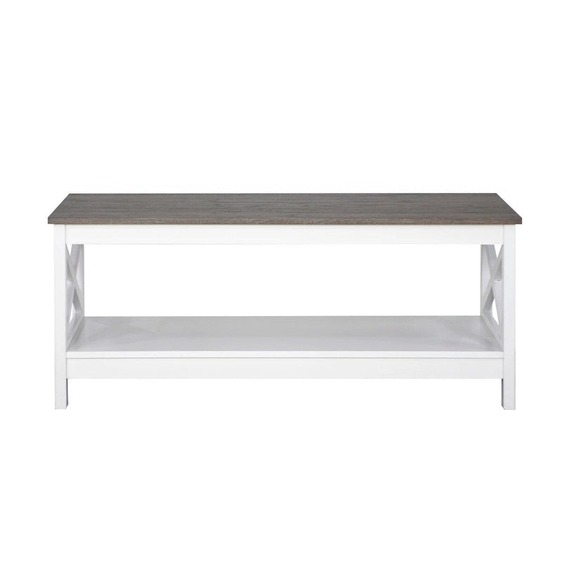 Mesa de centro rectangular estilo granja moderno con estante y detalles cruzados