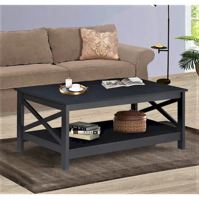Mesa de centro rectangular estilo granja moderno con estante y detalles cruzados