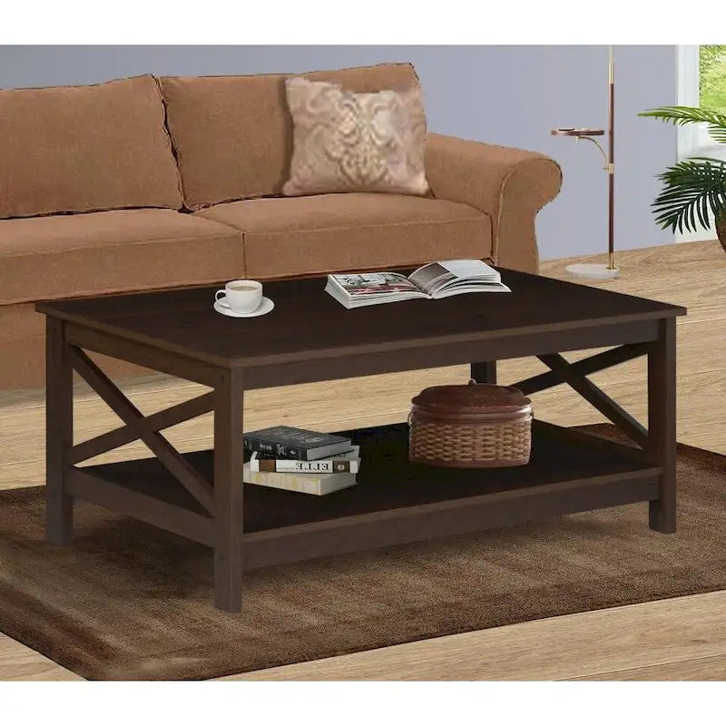 Mesa de centro rectangular estilo granja moderno con estante y detalles cruzados