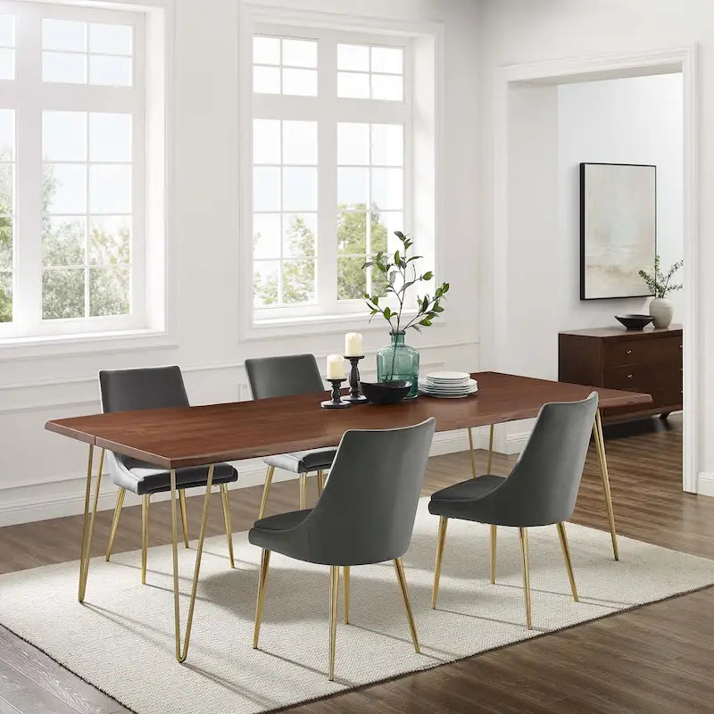 Mesa de comedor rectangular moderna de madera de acacia con borde natural y patas estilo horquilla