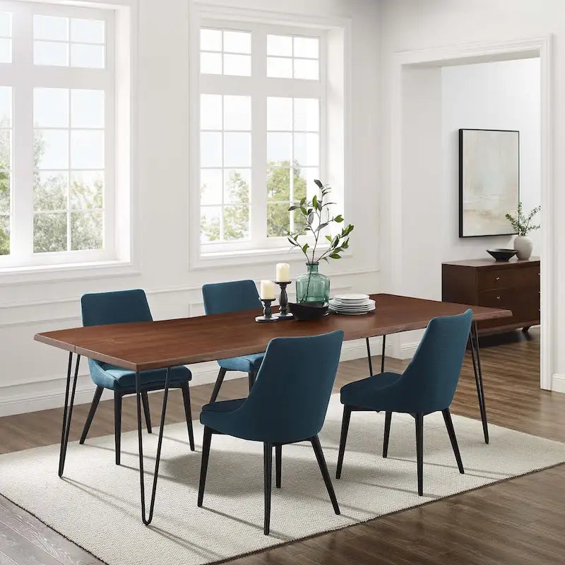 Mesa de comedor rectangular moderna de madera de acacia con borde natural y patas estilo horquilla