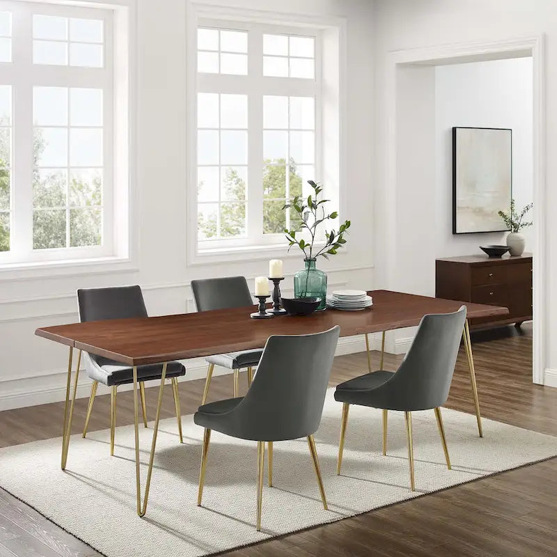 Mesa de comedor rectangular moderna de madera de acacia con borde natural y patas estilo horquilla