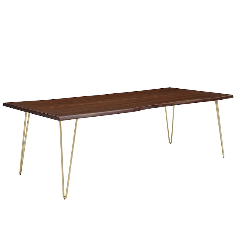 Mesa de comedor rectangular moderna de madera de acacia con borde natural y patas estilo horquilla