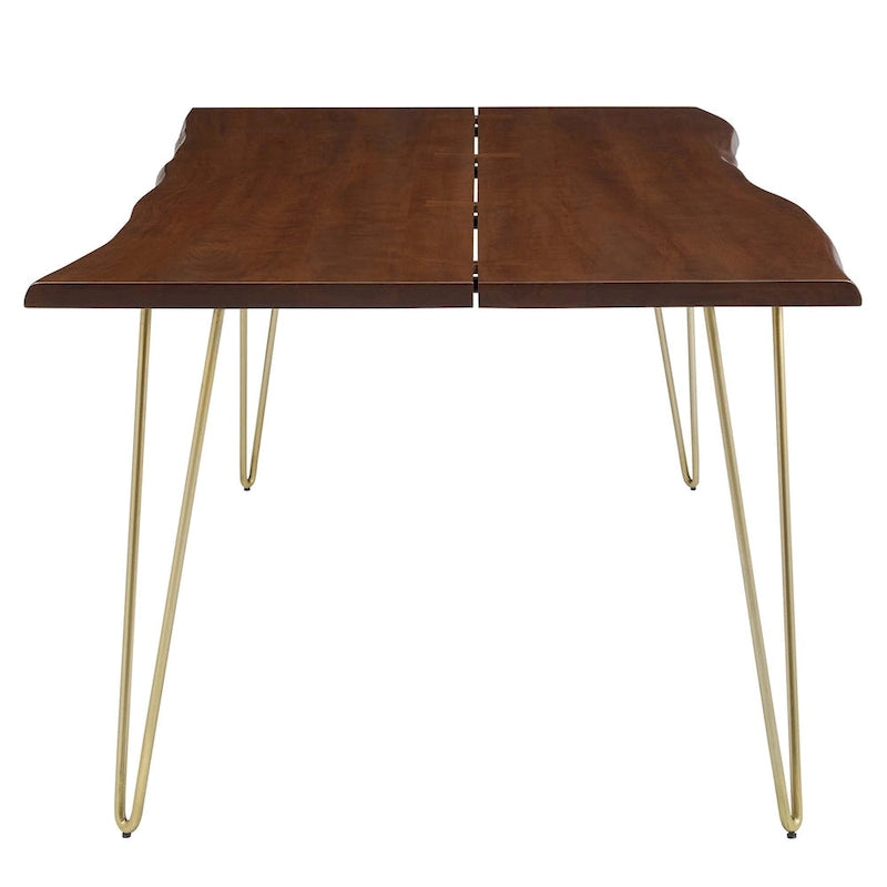 Mesa de comedor rectangular moderna de madera de acacia con borde natural y patas estilo horquilla