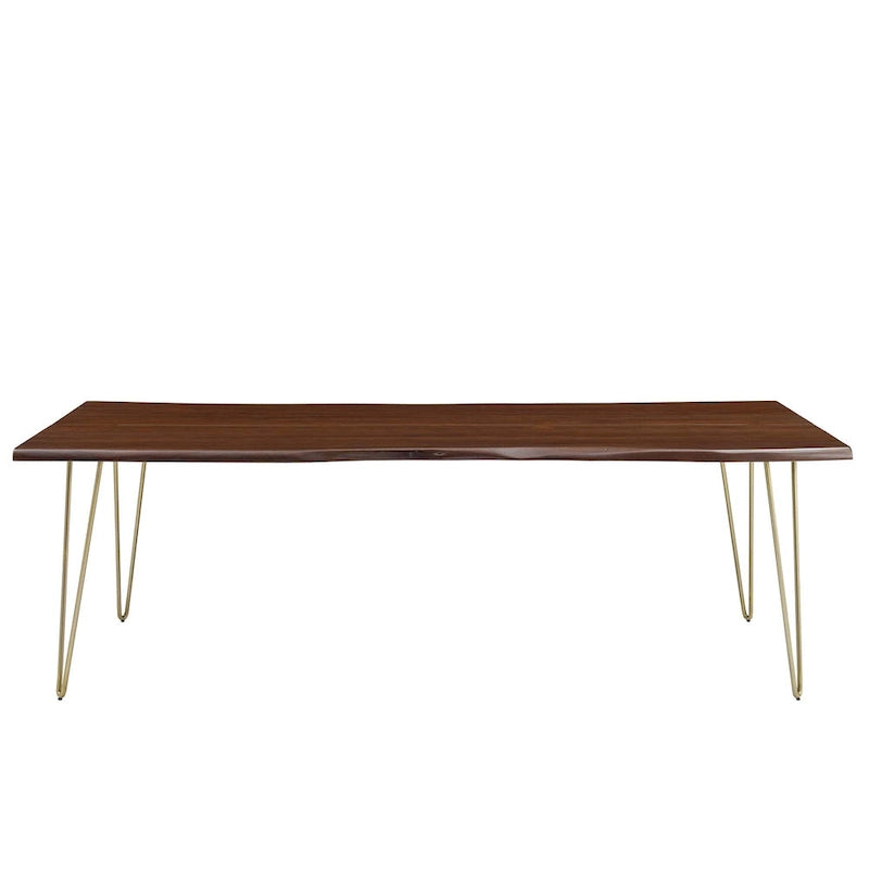 Mesa de comedor rectangular moderna de madera de acacia con borde natural y patas estilo horquilla