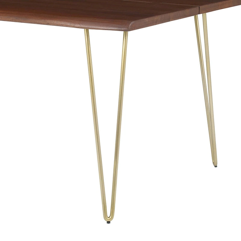 Mesa de comedor rectangular moderna de madera de acacia con borde natural y patas estilo horquilla