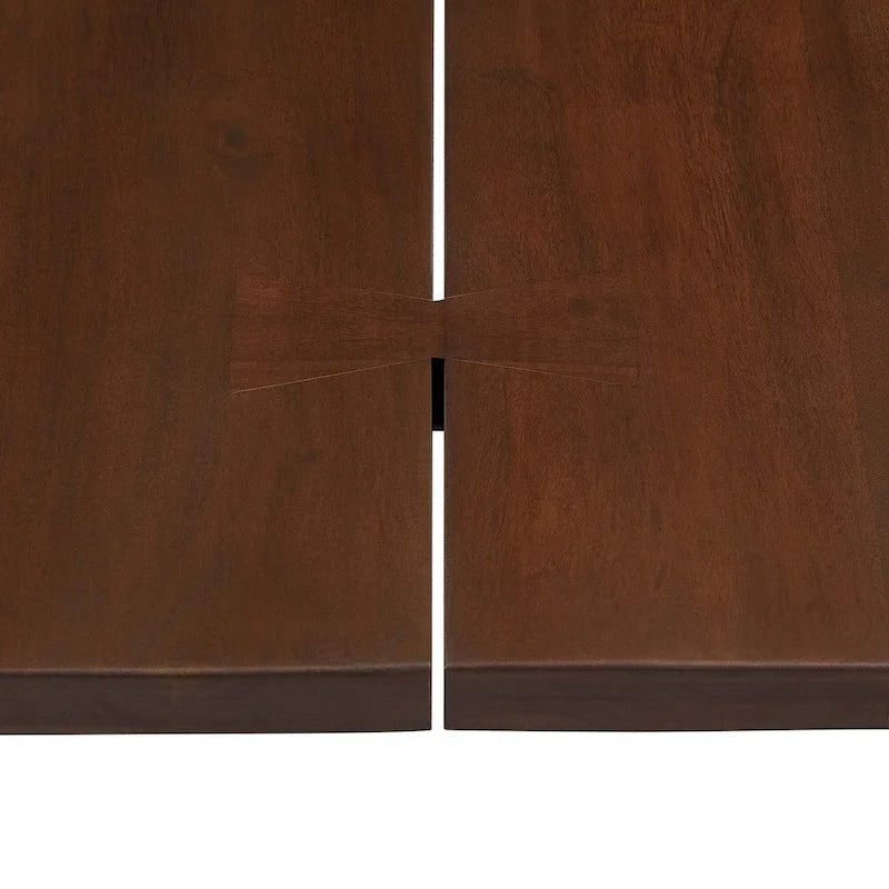 Mesa de comedor rectangular moderna de madera de acacia con borde natural y patas estilo horquilla