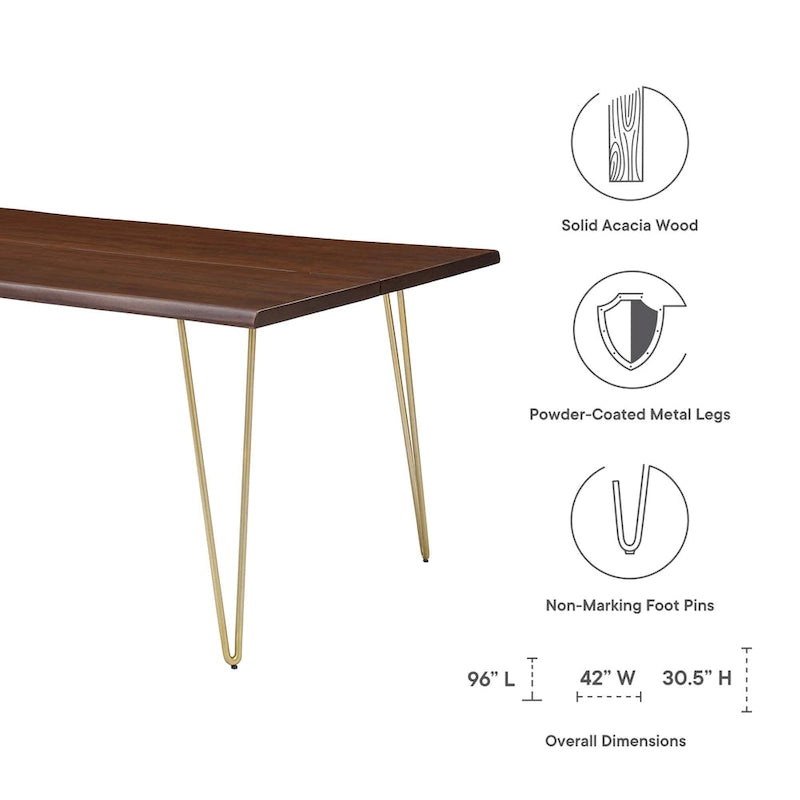 Mesa de comedor rectangular moderna de madera de acacia con borde natural y patas estilo horquilla