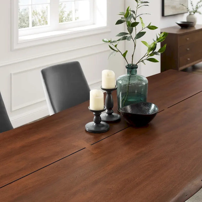 Mesa de comedor rectangular moderna de madera de acacia con borde natural y patas estilo horquilla