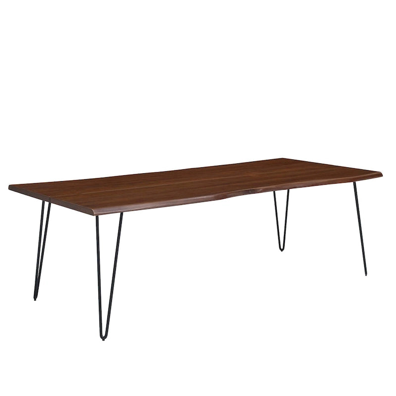 Mesa de comedor rectangular moderna de madera de acacia con borde natural y patas estilo horquilla