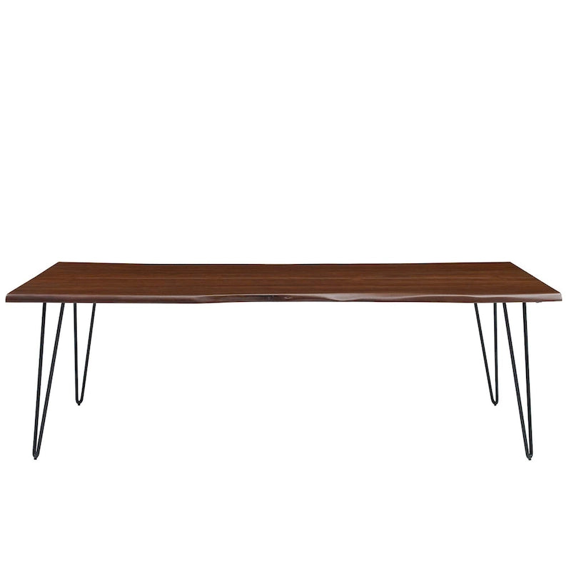 Mesa de comedor rectangular moderna de madera de acacia con borde natural y patas estilo horquilla