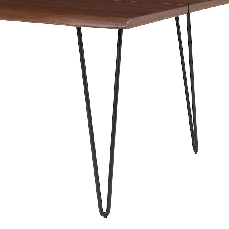 Mesa de comedor rectangular moderna de madera de acacia con borde natural y patas estilo horquilla
