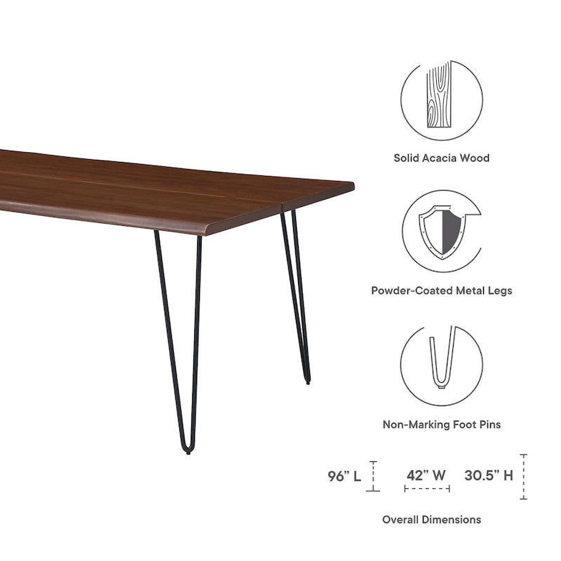 Mesa de comedor rectangular moderna de madera de acacia con borde natural y patas estilo horquilla