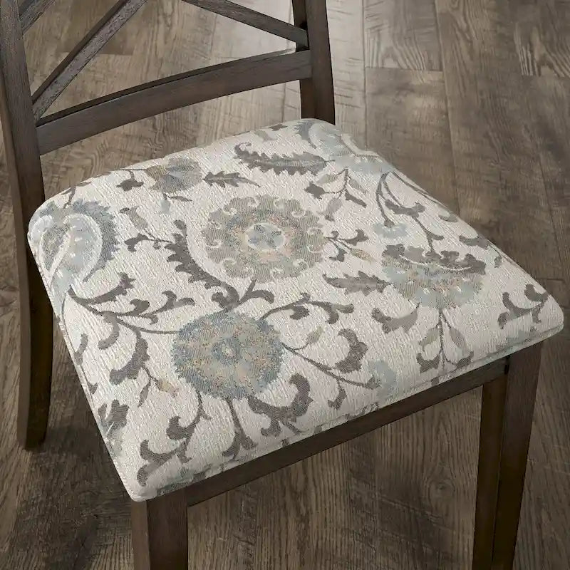 Silla de comedor de madera color espresso con respaldo de celosía y asiento tapizado