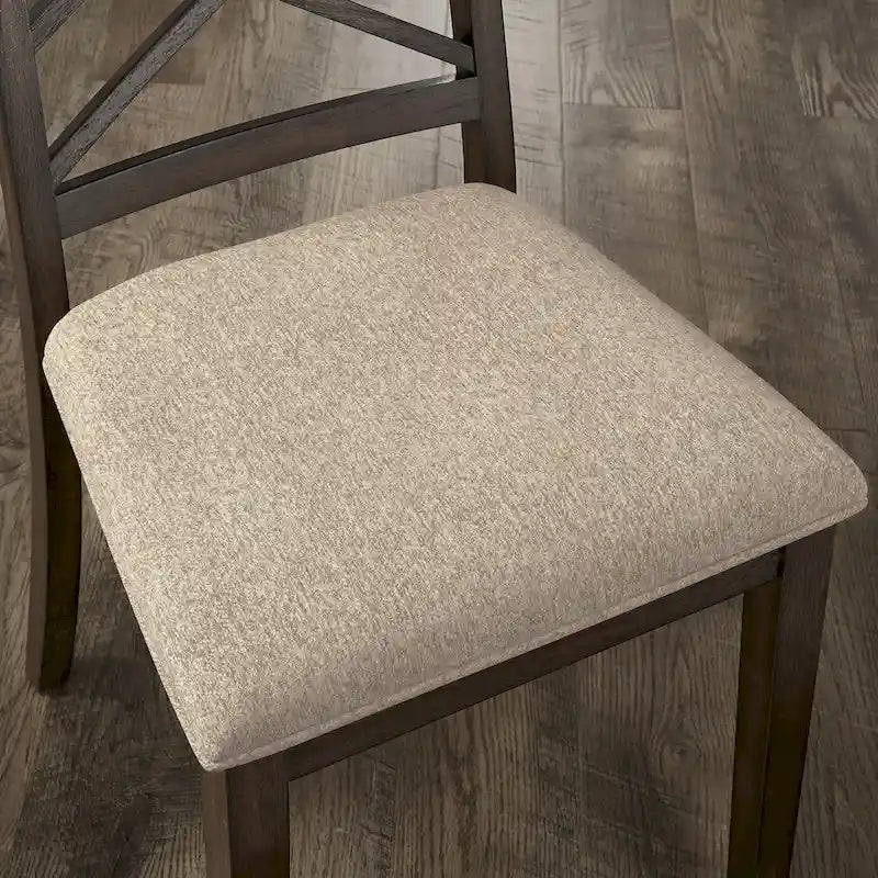 Silla de comedor de madera color espresso con respaldo de celosía y asiento tapizado
