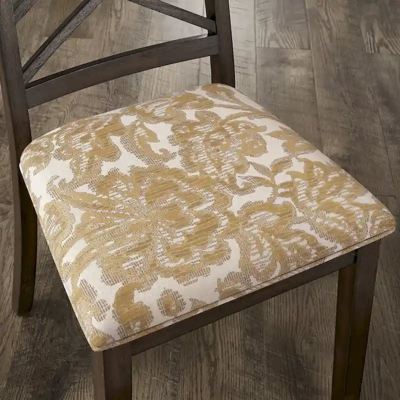 Silla de comedor de madera color espresso con respaldo de celosía y asiento tapizado
