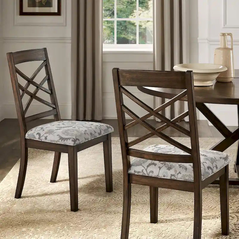 Silla de comedor de madera color espresso con respaldo de celosía y asiento tapizado