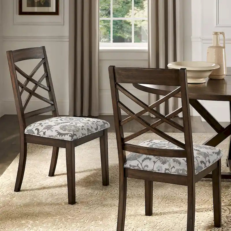 Silla de comedor de madera color espresso con respaldo de celosía y asiento tapizado