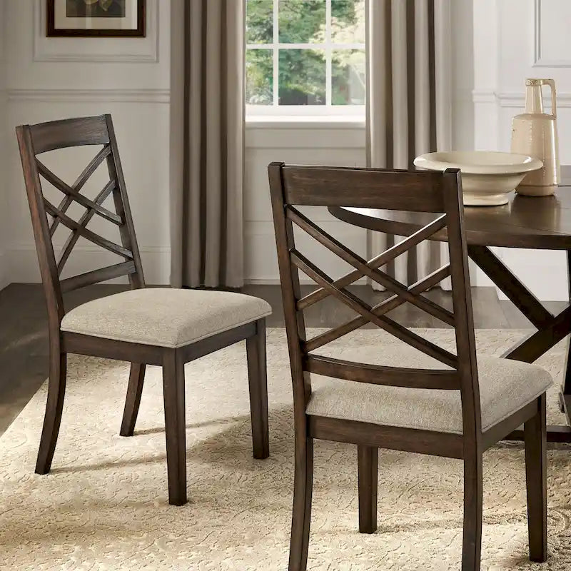 Silla de comedor de madera color espresso con respaldo de celosía y asiento tapizado