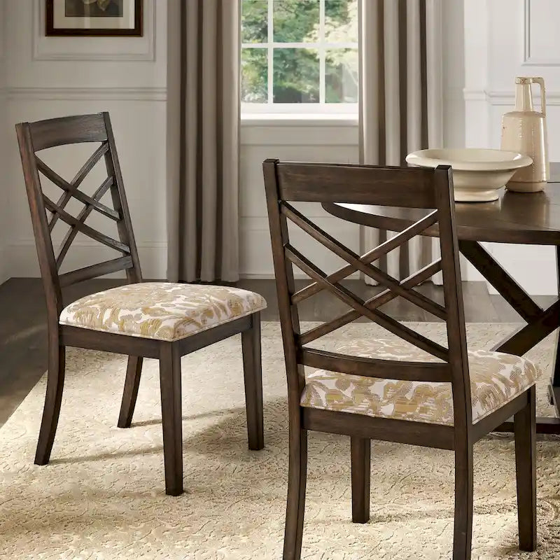 Silla de comedor de madera color espresso con respaldo de celosía y asiento tapizado