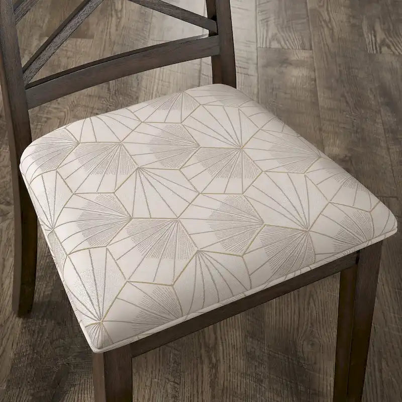 Silla de comedor de madera color espresso con respaldo de celosía y asiento tapizado