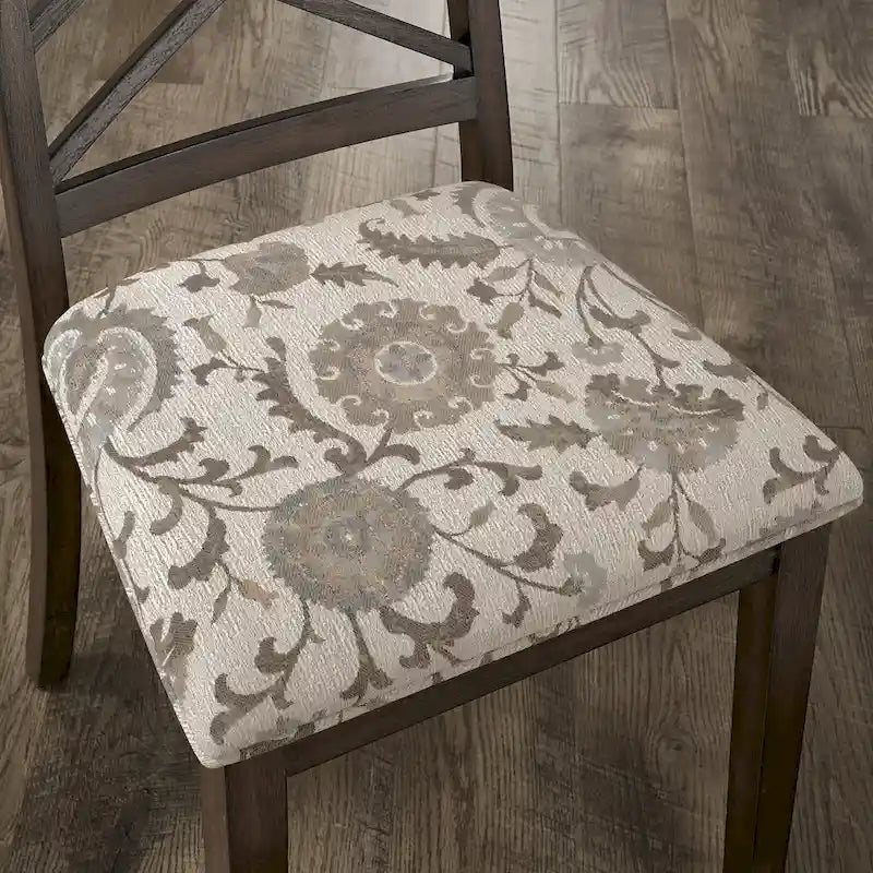 Silla de comedor de madera color espresso con respaldo de celosía y asiento tapizado