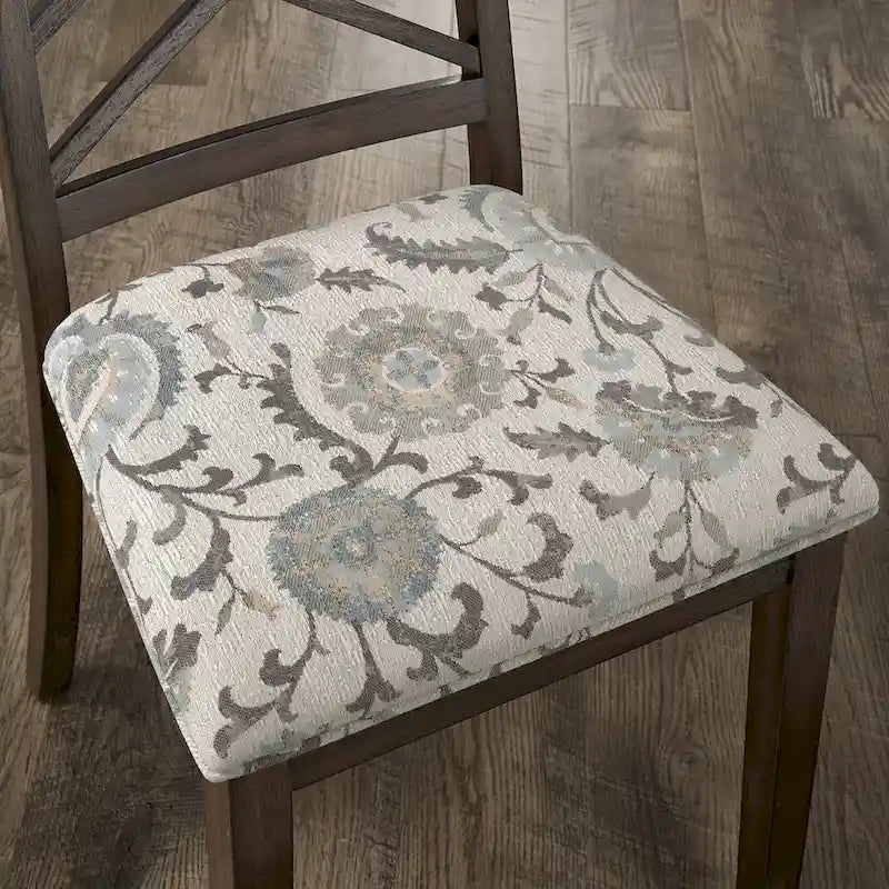 Silla de comedor de madera color espresso con respaldo de celosía y asiento tapizado