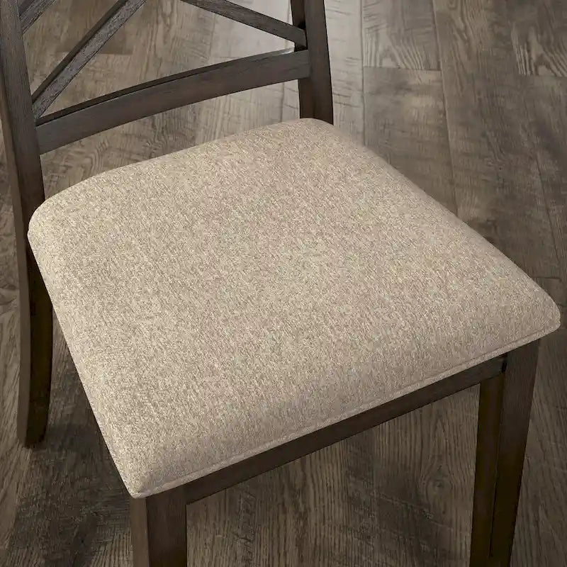 Silla de comedor de madera color espresso con respaldo de celosía y asiento tapizado