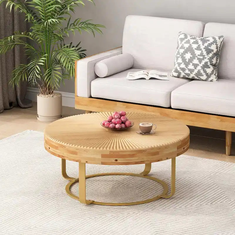 Modern Round Coffee Table with Wooden Carving Pattern and Metal Legs