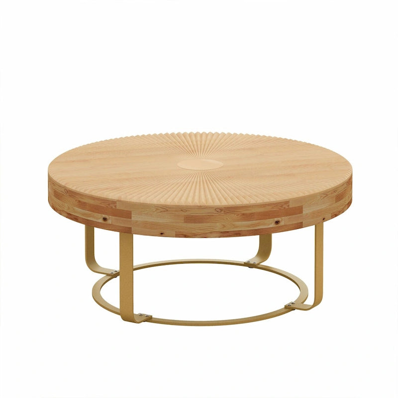 Mesa de centro redonda moderna con patrón de tallado en madera y patas de metal