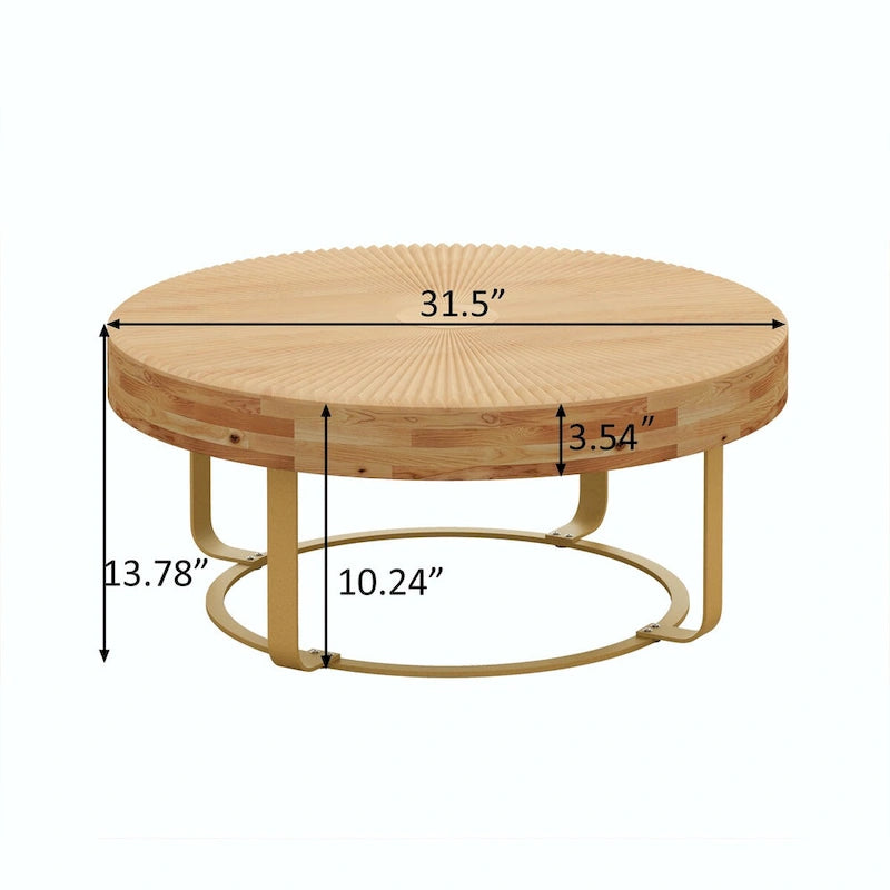 Mesa de centro redonda moderna con patrón de tallado en madera y patas de metal